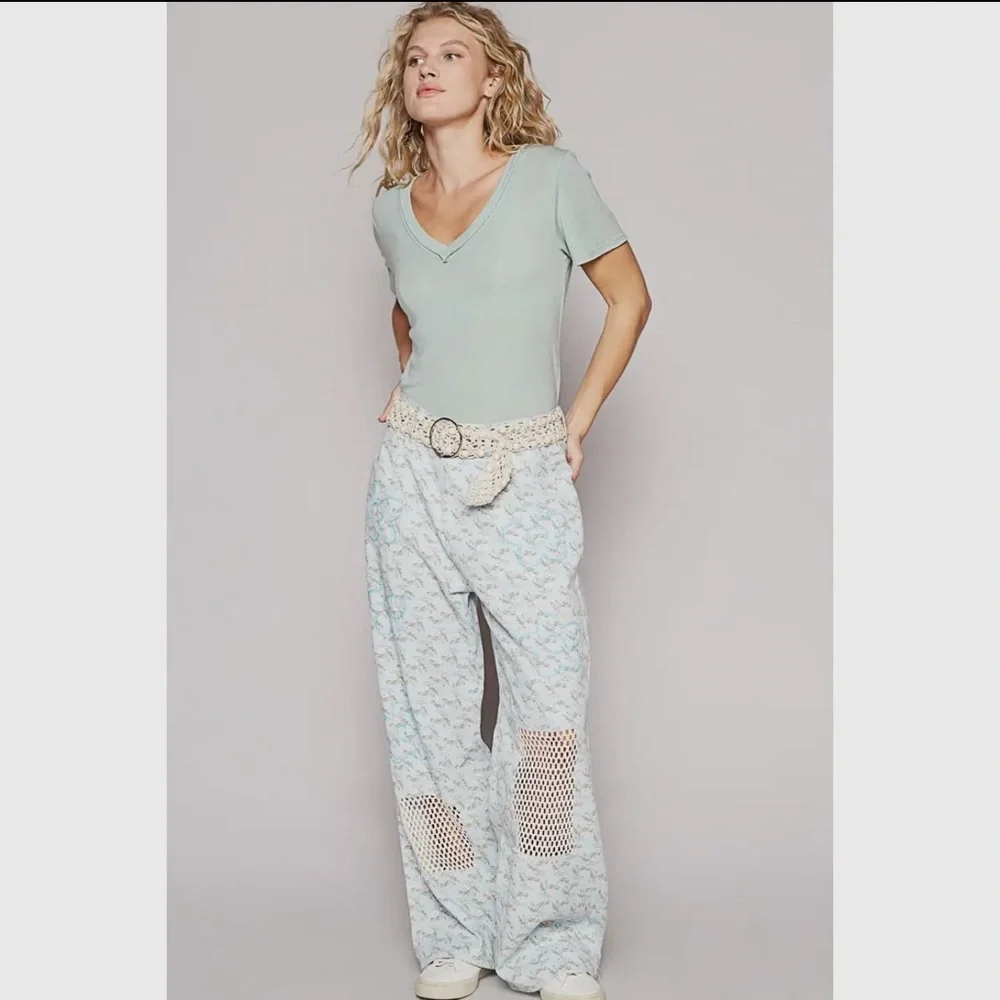 POL Light Blue Crochet Accent Wide-Leg Pants